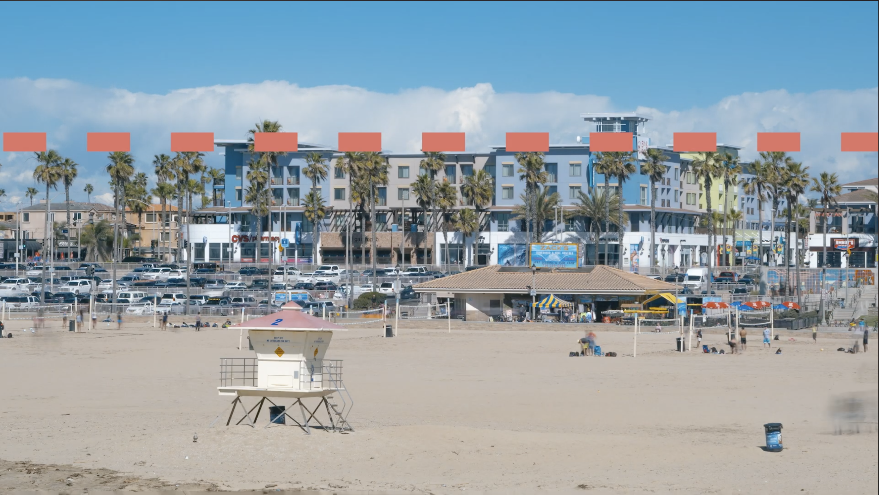 A photo of Huntington beach with boring sky, using a dashed line to indicate good composition rules for a time lapse or hyperlapse