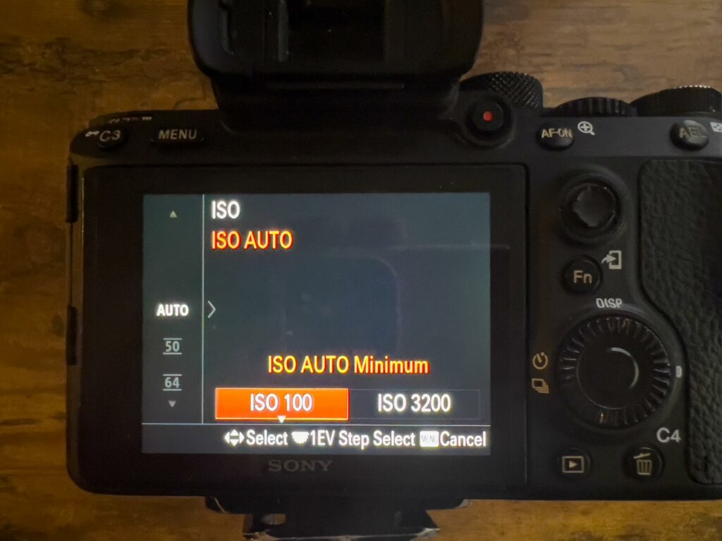 A Sony DSLR display showcasing the Auto Minimum and Max ISO feature
