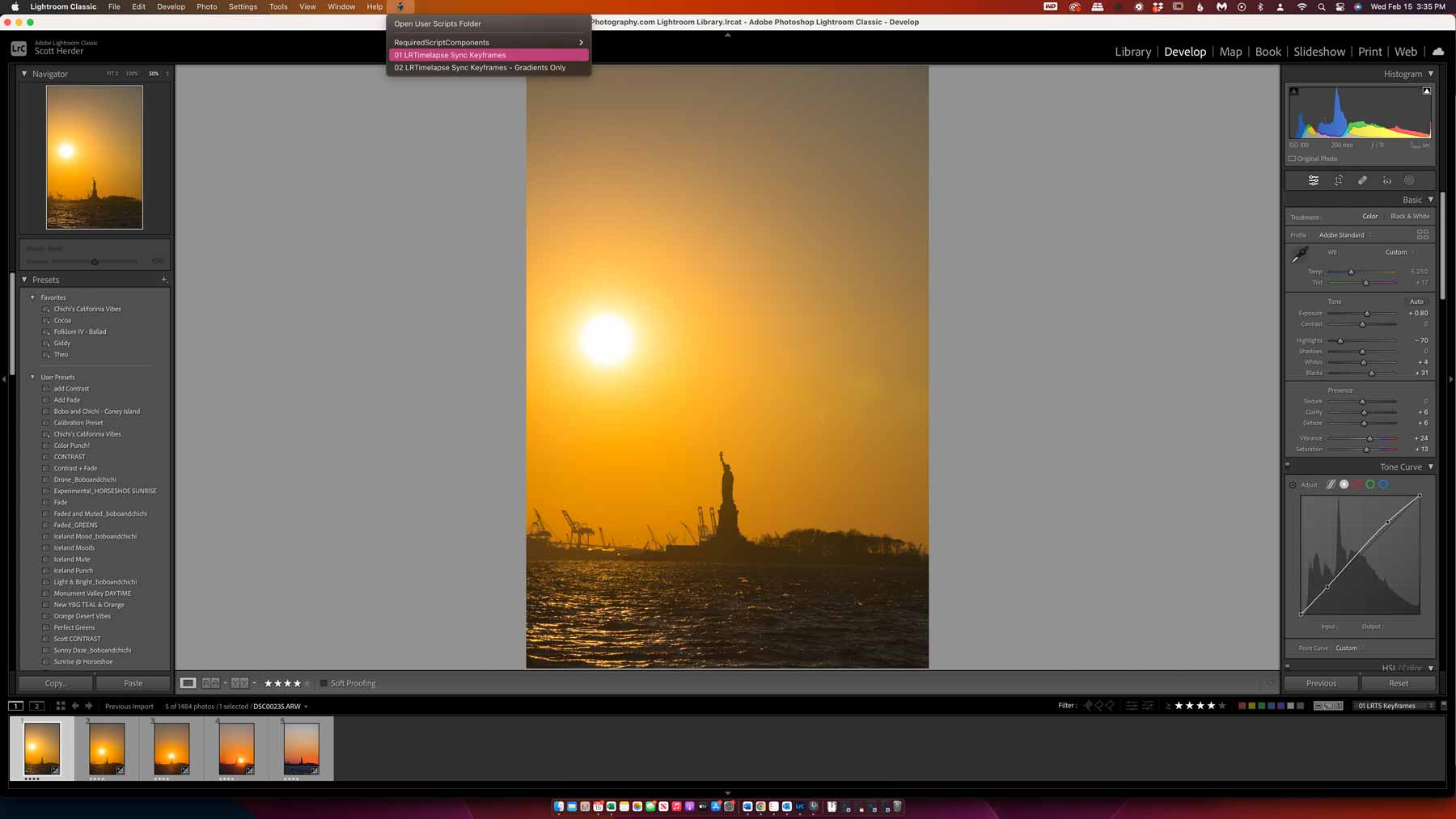 An image of the LRTimelapse Plugin editing a sunset time lapse of the sun going behind the statue of liberty.