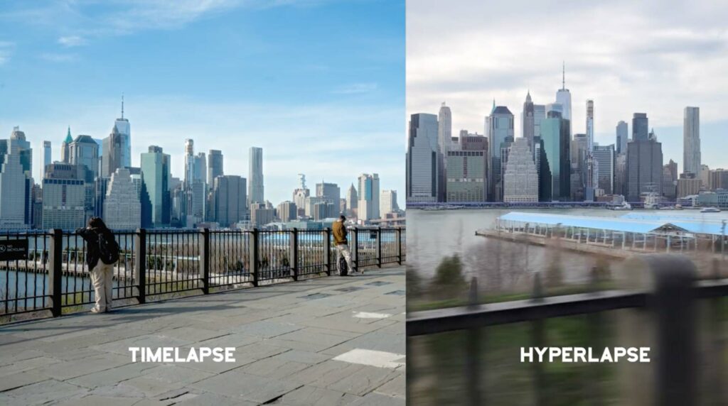 A split screen image with an example of timelapse on the left and a hyperlapse on the right with motion blur as a reference image for Hyperlapse VS Timelapse