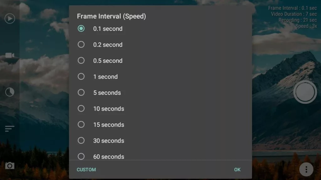 Framelapse Frame Interval Settings User Interface