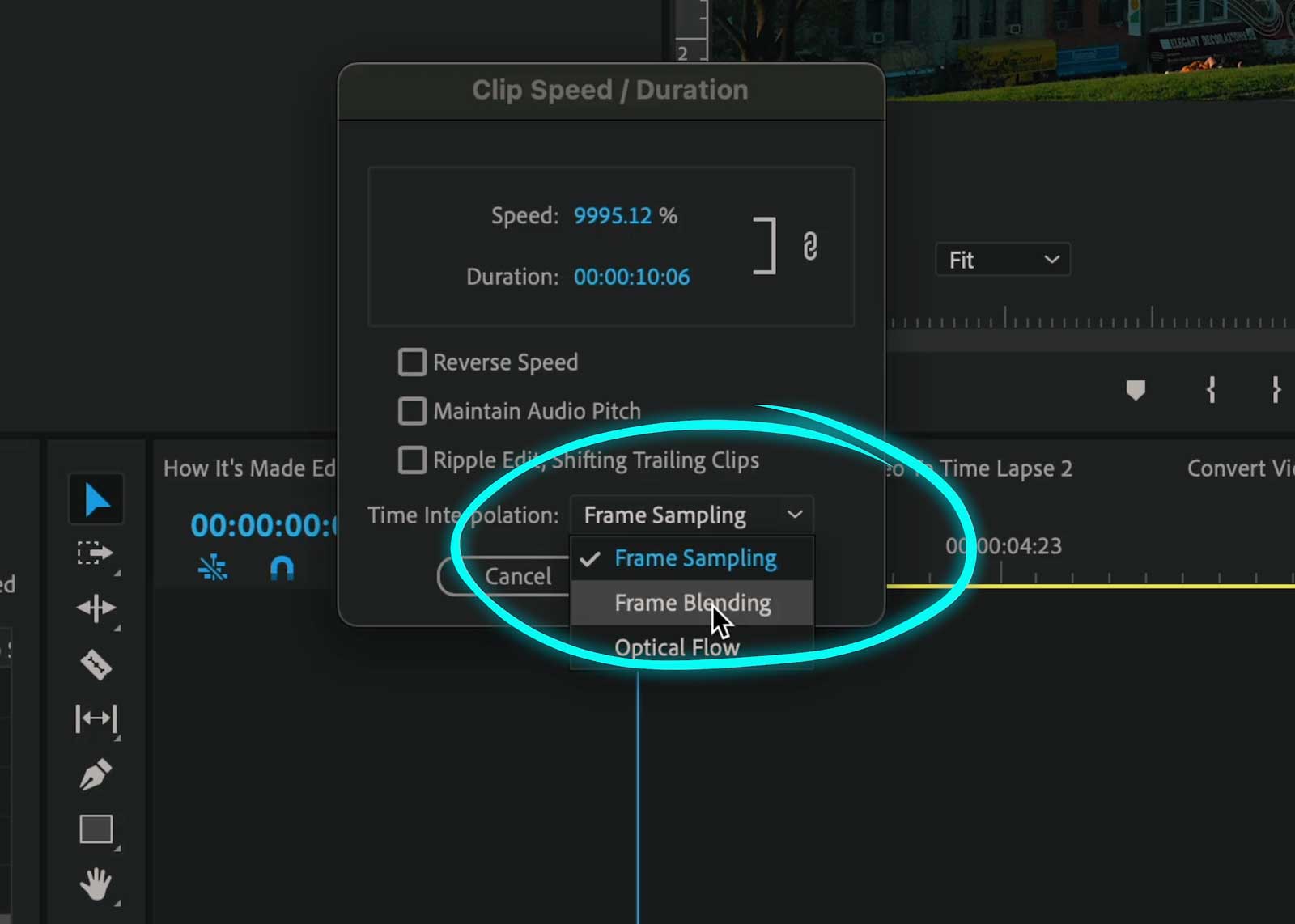Using premiere's frame blending feature to mimic motion blur to convert video to time lapse