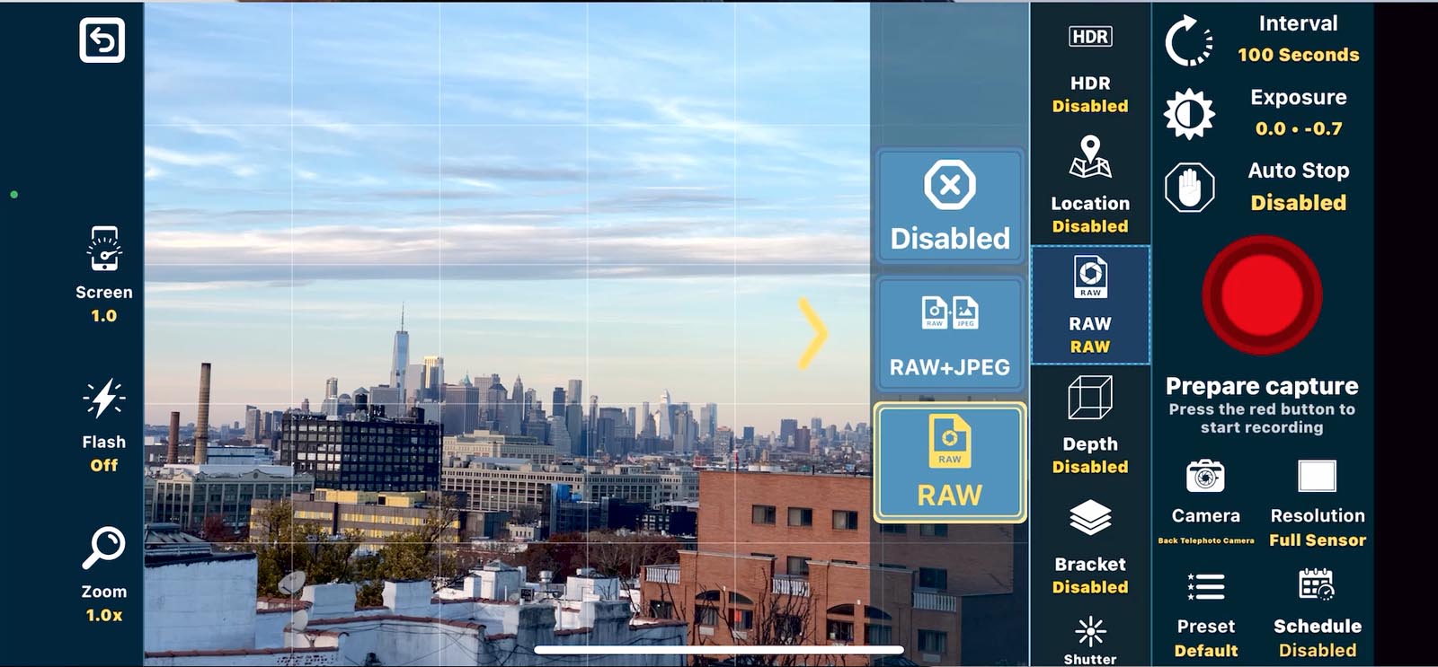 A demo of the lapse it app where the RAW settings are.